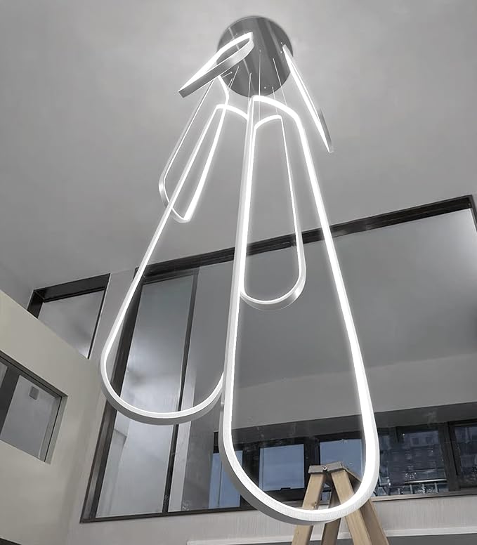 6 Rings Modern Large Chandelier for Staircase High Ceiling Chandelier LED Dimmable Black Chandeliers for Foyer Living Room Villa Sliver
