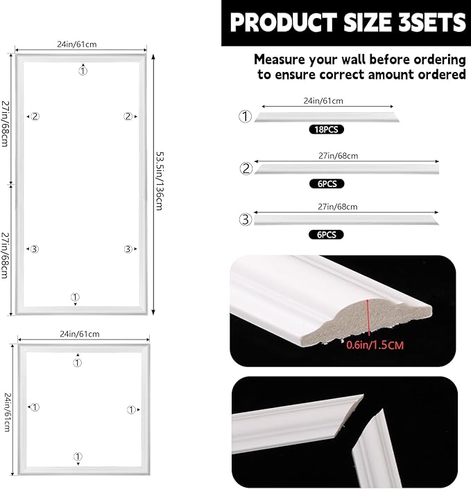 3 Set Peel and Stick Wall Molding Kit, Pre-Made Accent Molding, Premium Pre-Made Wainscoting Panels for Instant Accent Walls, Easy Install Wall Decor for Office Home Bedroom Living Room