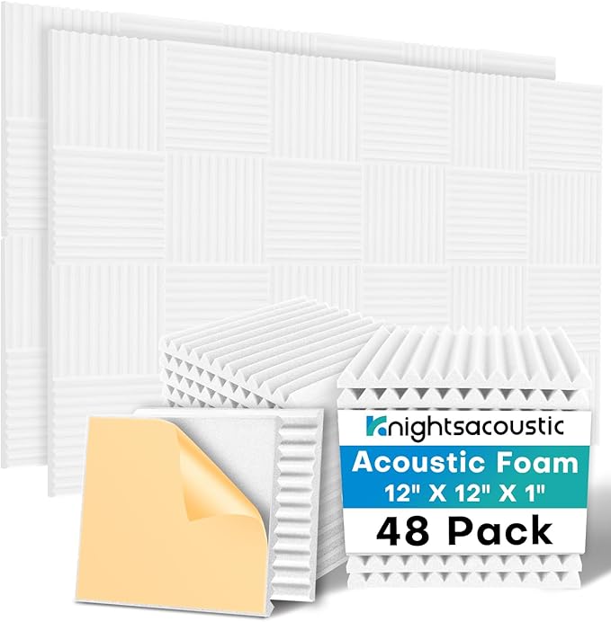 48 Pack Sound Proof Foam Panels for Walls with Self Adhesive, 12x12x1 Acoustic Foam Panels, High Density Acoustic Panels Sound Absorbing, Fire Resistant Studio Sound Proofing White