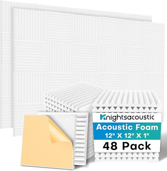 48 Pack Sound Proof Foam Panels for Walls with Self Adhesive, 12x12x1 Acoustic Foam Panels, High Density Acoustic Panels Sound Absorbing, Fire Resistant Studio Sound Proofing White