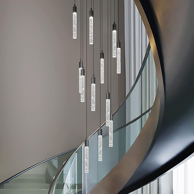 12-Light Modern Living Room Chandelier Black Crystal Ceiling Pendant Lights LED Dimmable 72W 6000K Staircase Large Chandeliers for Entryway Lobby Foyer High Ceiling Chandeliers