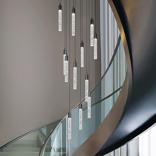 12-Light Modern Living Room Chandelier Black Crystal Ceiling Pendant Lights LED Dimmable 72W 6000K Staircase Large Chandeliers for Entryway Lobby Foyer High Ceiling Chandeliers