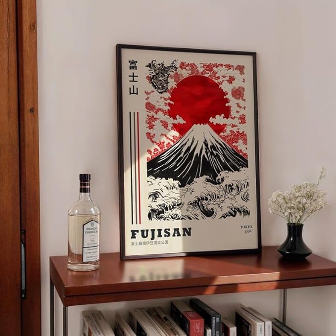 Mount Fuji Poster, Traditional Japanese Wall Art Print with Red Sun and Wave Landscape, Japandi Style Asian Home Decor for Bedroom, Living Room or Gallery Wall (Unframed) (24x36)
