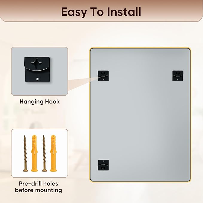 Antok Wall Mirror, 24"x36" Bathroom Vanity Mirror, Anti-Rust HD Tempered Glass, Wall Mounted Mirrors for Living Room, Entryway, Gold Frame, Rect