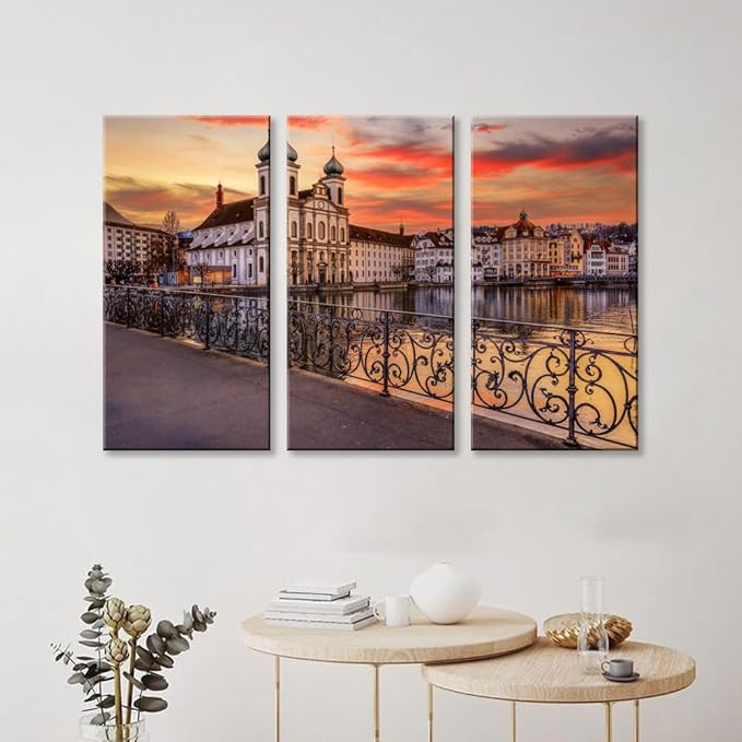 3Pcs European Cityscape Canvas Wall Art Scenic Sunset Over River Cathedral with Domes Lucerne-Inspired Architecture Romantic Travel Destination Decorative Framed Artwork for Living Rooms Bedrooms