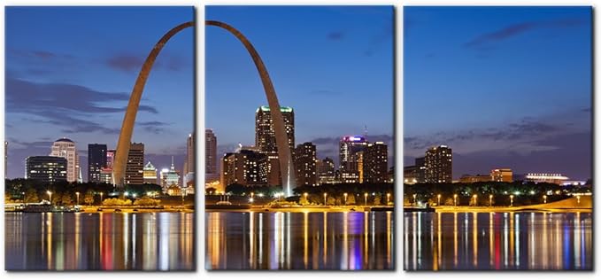 Pacimo Canvas Wall Art for Home Decor St. Louis Skyline Poster Wall Decor Gateway Arch at Sunset Canvas Prints Pictures Cityscape Modern Artwork Stretch and Framed Ready to Hang - 20"x28"x3 Panels