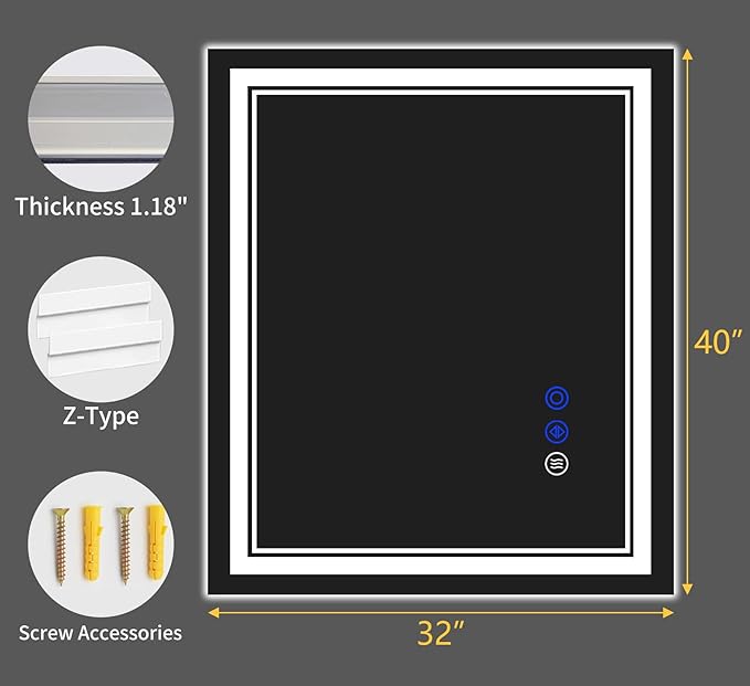 40"x32" LED Bathroom Mirror with Anti-Fog, Stepless Dimmable Lights, 3 Color Modes, Shatter-Proof Tempered Glass, Memory Function & Waterproof Design