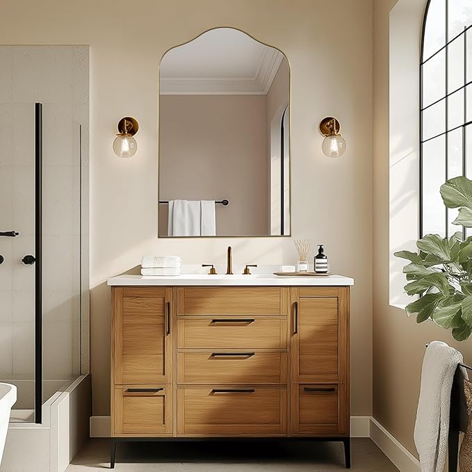 ANDY STAR Brass Scalloped Arched Wall Mirror, 20x30 Brushed Gold Irregular Bathroom Mirror with Curved Design for Vanity, Powder Room, Fireplace, Mantel, Stainless Steel Frame, Anti-Rust