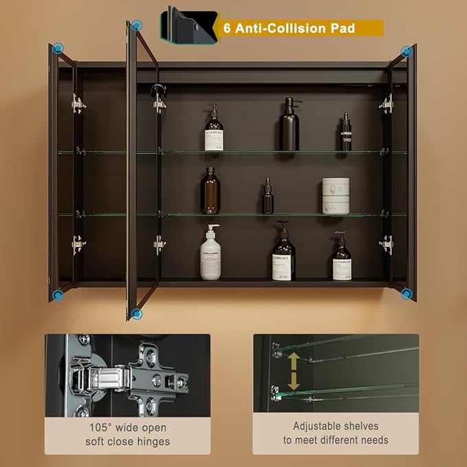 KWW LED Lighted Bathroom Medicine Cabinet with Sockets & USBs, Defogger, Dimmable, 3 Color Light Makeup Mirror, Easy to Install, Wall Mounted Cabinet (Three-Door, 40 * 28)