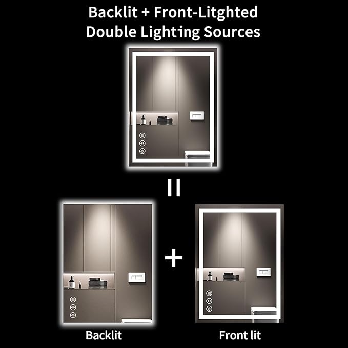 LOAAO 20X28 LED Bathroom Mirror with Lights, Anti-Fog, Dimmable, Backlit + Front Lit, Lighted Bathroom Vanity Mirror for Wall, Memory Function, Tempered Glass, Shatter-Proof, ETL Listed