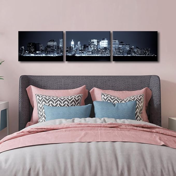 New York Skyline Canvas Wall Art Manhattan Wall Art for Living Room Cityscape at Night Pictures for Bedroom Modern Home Decor Office Bathroom Decorations Artwork Framed Ready to Hang 16x72 Inch