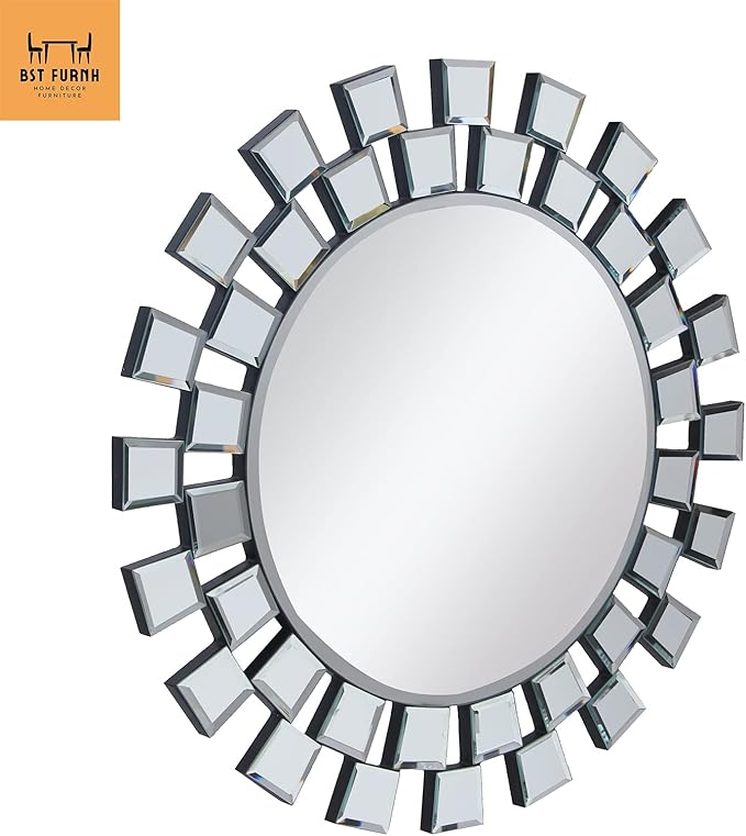 BST FURNH Sunburst Wall Mirror, 24 Inches Decorative Round Frameless Mirror for Living Room