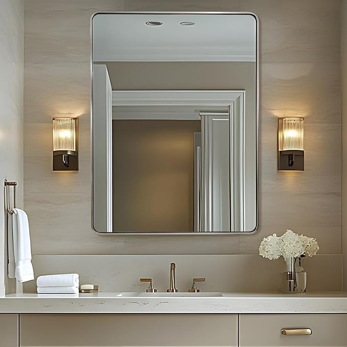 ANDY STAR 48x32 Inch Brushed Nickel Bathroom Mirror, Rounded Rectangle Bathroom Vanity Mirrors for Wall, Anti-Rust SUS304, Seamless Tube Metal Frame, 1’’ Deep Wall Mounted Vertically/Horizontal