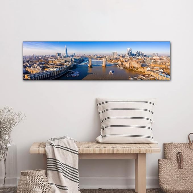 Aerial View of the Tower Bridge in London City Skyline Pictures for Living Room Cityscape Canvas Wall Art Modern Decor Beautiful Panorama of London Tower Bridge Artwork Posters Prints 12x46 Inch
