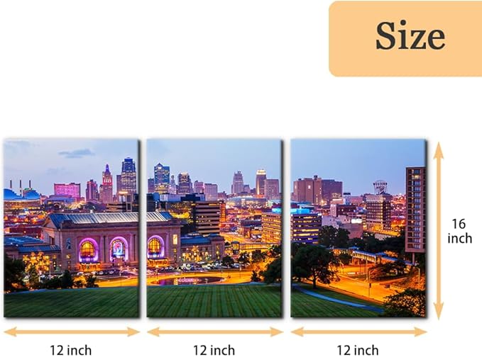 Pacimo Canvas Wall Art Union Station City Landscape Pictures Paintings Kansas Cityscape Modern Artwork Prints on Canvas Wall Decor for Living Room Bedroom Framed Ready to Hang - 12"x16"x3 Panels