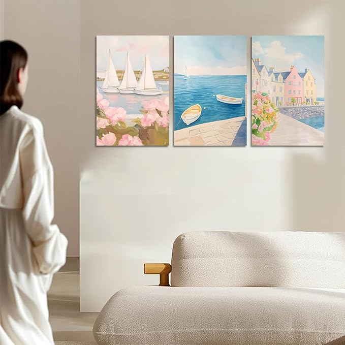 Large Ocean Beach Framed Oil Paiting Canvas Wall Art Pink Landscape Art Beach Sailboats Canvas Blue Sky White Clouds Scenery for Living Room Bedroom Office - 20x28inchx3Pcs