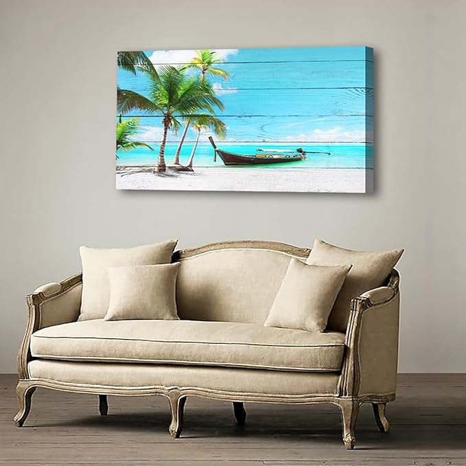 Beach Picture Canvas Prints Coconut Tree Ocean Wall Art Home Decor Natural Seascape Paintings for Living Room Bathroom Bedroom Office Kitchen Decorations Wooden Framed Landscape Artwork 28x57 inchs