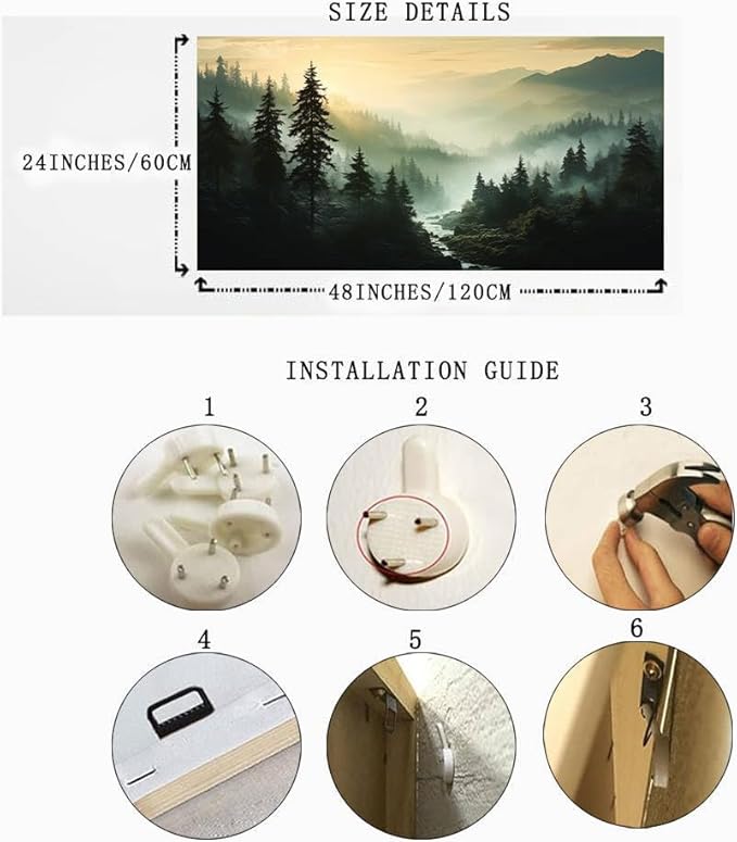 BYXART Misty Forest Canvas Wall Art Foggy Mountain Landscape Nature Picture Decor for Bathroom Living Room Pine Trees Smoky Scenery Painting Artwork for Bedroom Home Office Decorations 48L x24W