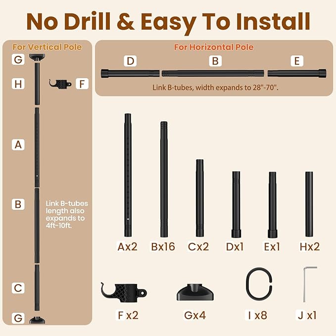 Bonpally Room Divider Curtain Rod, No Drilling Room Separator for Space Partition, 4-10ft (H) 28-70 inch(W) Adjustable Heavy Duty Temporary Wall Divider Floor to Ceiling Tension Rod, Black