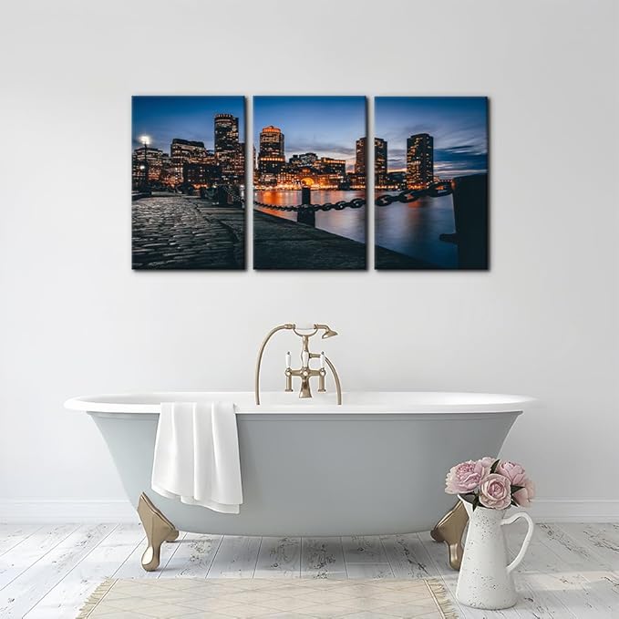 Pacimo Canvas Print Wall Art Set Boston Harbor Pictures Painting Realism Contemporary Cityscape Skyscrapers Modern Artwork for Living Room Bedroom Office Stretch and Framed - 16"x24"x3 Panels