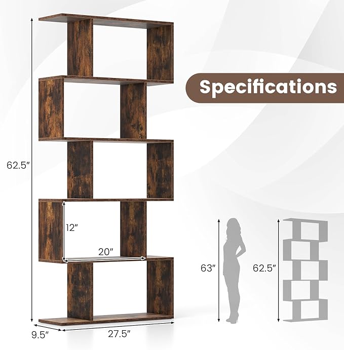 5 Tier Geometric Bookcase, S Shaped Bookshelf, Modern Decorative Storage Shelving, Wooden Room Divider Bookcase, 62.5" Tall Staggered Display Book Shelf for Living Room (1, Rustic Brown)