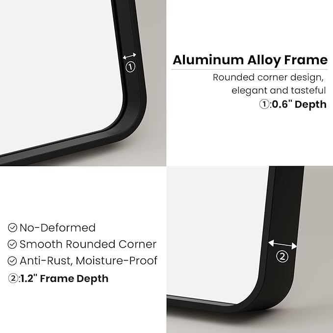 24X36 Inch Black Bathroom Mirror, Black Metal Framed Mirror for Wall, Rounded Rectangle Matte Bathroom Vanity Mirror with Tempered Glass, Anti-Rust, Horizontal/Vertical
