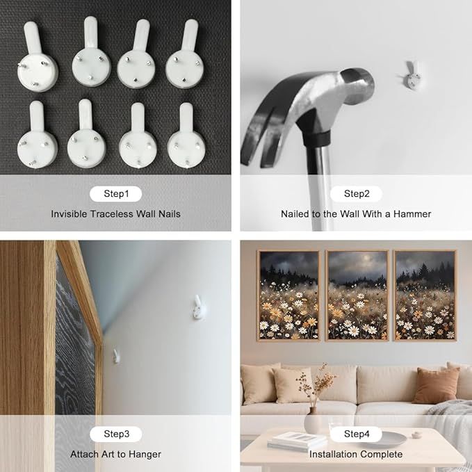 Moody Wildflower Framed Canvas Wall Art Set, Calming Nature Dark Floral Wall Decor, Boho Misty Forest Botanical Meadow Artwork Modern Landscape Print for Living Room,Bedroom-16 x24 x3