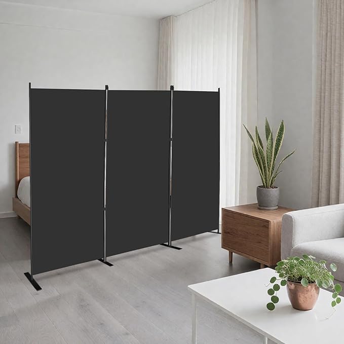 MAYOLIAH 3-Panel Black Room Divider 6ft Tall Folding Privacy Screen w/Flat Base Portable Office Partition Indoor Wall Separator 101" W X 72" H