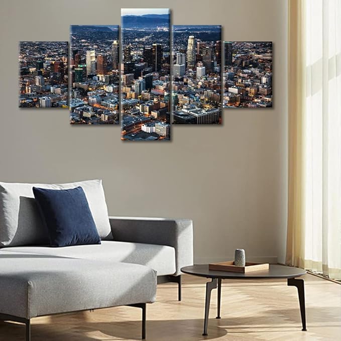 Native American Home Decor Los Angeles Skyline Canvas Paintings Cityscape Pictures for Bedroom 5 Piece Black and White Wall Art Los Angeles Home Decor for Living Room Framed Ready to Hang (60"Wx32"H)