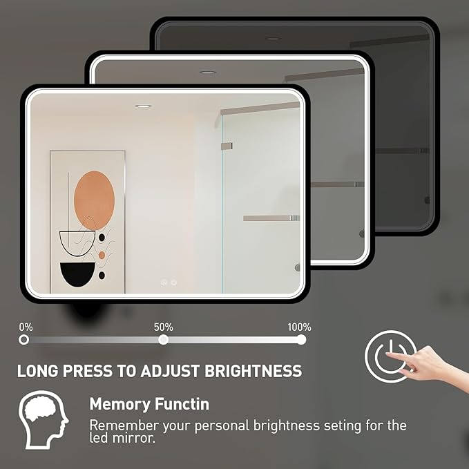48x36 Inch LED Bathroom Mirror with Lights, Vanity Lighted Black Framed Mirror Anti Fog Stepless Dimmable,Wall Mounted Light up Mirror (Horizontal/Vertical)
