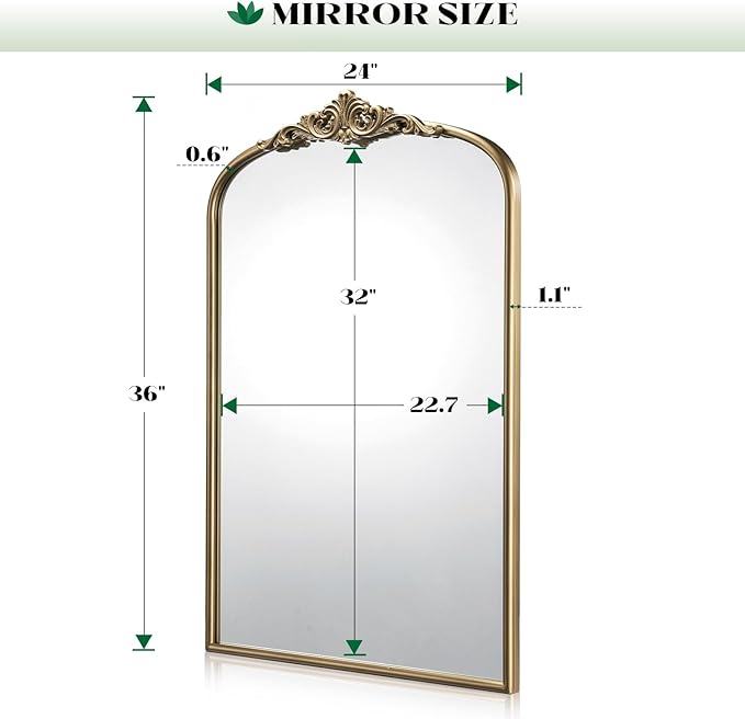 Arched Antique Gold Mirror, 24"x36" Vintage Vanity Traditional Baroque Mirrors, Ornate Arch Brass Mirror for Over Sink/Fireplace/Entryway/Bathroom