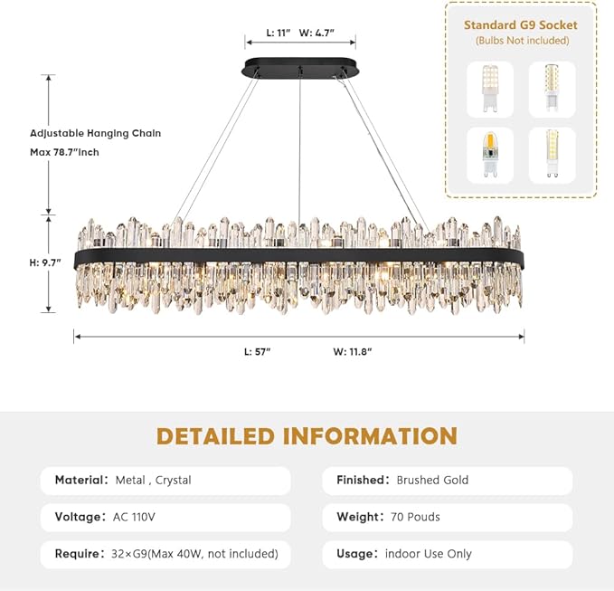 Black Oval Crystal Chandelier L57 inch, 32-Lights Chandeliers Modern Crystal Chandelier Pendant Light Fixture G9 Lights Pendant Ceiling Light for Kitchen Island High Ceiling