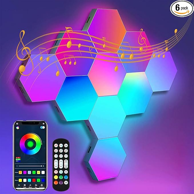 6 Pack Hexagon LED Wall Light Panels: Smart RGB Color-Changing Hexagon Lights with App & Remote Control, Music Sync Mode, Customizable DIY Wall Decor for Bedroom, Gaming Room, Home Theater