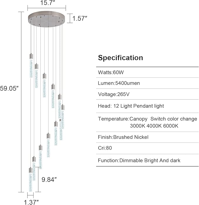12 Lights Modern Crystal Chandelier, 59 inch Large Long Foyer Chandelier, High Ceiling Light Fixture, Foyer Pendant Lighting Dimmable Switch from 3000K 4500K 6000K for Staircase Entryway living room