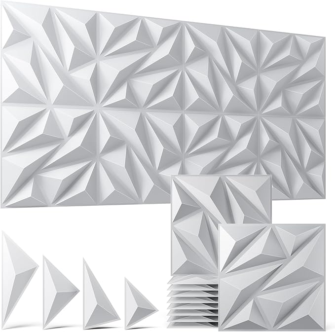 32 Pack White 3D Wall Panels for Interior Wall Decor, 11.8'' x 11.8'' Decorative Wall Panels, Accent Wall Panels, 3D Diamond Design Wall Decor for Living Room, Bedroom, Gaming Room