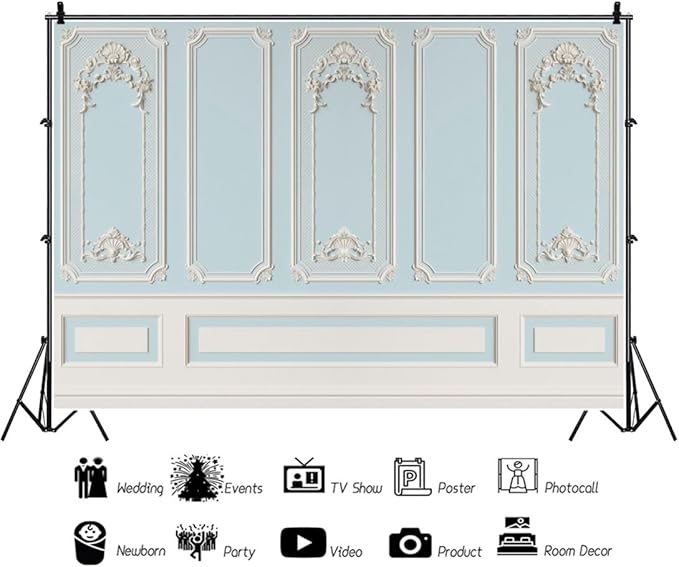 Leyiyi 12x10ft Blue White Vintage Room Inside Backdrop European Frame Modern House French Castle Cementery Wall Retro Style Photo Background Cowboy Kids Birthday Portrait Studio Props Vinyl Wallpaper