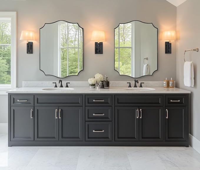 ANDY STAR Bathroom Mirror, 28x36 Inch Matte Black Vanity Mirror, Unique Rectangle Mirror with Sophisticated Curved Design, Ideal for Bathroom Remodel (Vertical or Horizontal)