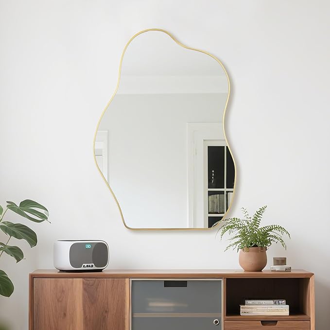 BOMINICA Irregular Wall Mirror Asymmetrical Mirror, Decorative Wall Mirror Golden Wood Framed, Wall Mounted Mirror for Bathroom Living Room Entryway Bedroom Hallway (Gold, 24" x 36")