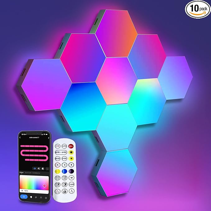 LED Hexagon Lights for Gaming Setup, Smart Home Gaming Wall Lights Work with Alexa Google Assistant, Voice, App & Remote Control, RGB-IC LED Light Panels Music Sync for Game Room Bedroom, 10 Pack