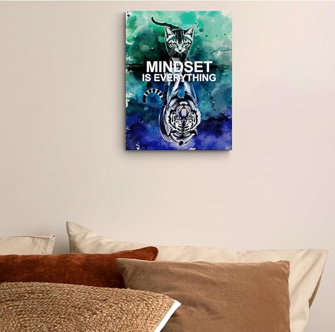 Mindset is Everything Motivational Canvas Wall Art, 11.4x15in Inspirational Quotes Framed Art Paintings Wall Decor Unique Cat Lover Gifts Prints Picture for Living Room Office Kitchen Decor