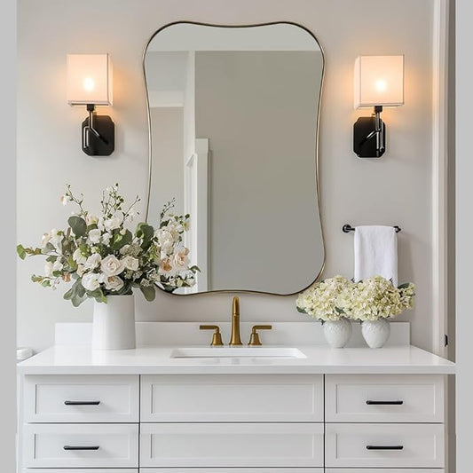 ANDY STAR Brushed Gold Bathroom Mirror, Modern 24x36'' Rounded Scalloped Brass Mirrors with Notched Edges in 1 Inch Stainless Steel Frame Wall Mounted for Bathroom Vanity, Powder Room