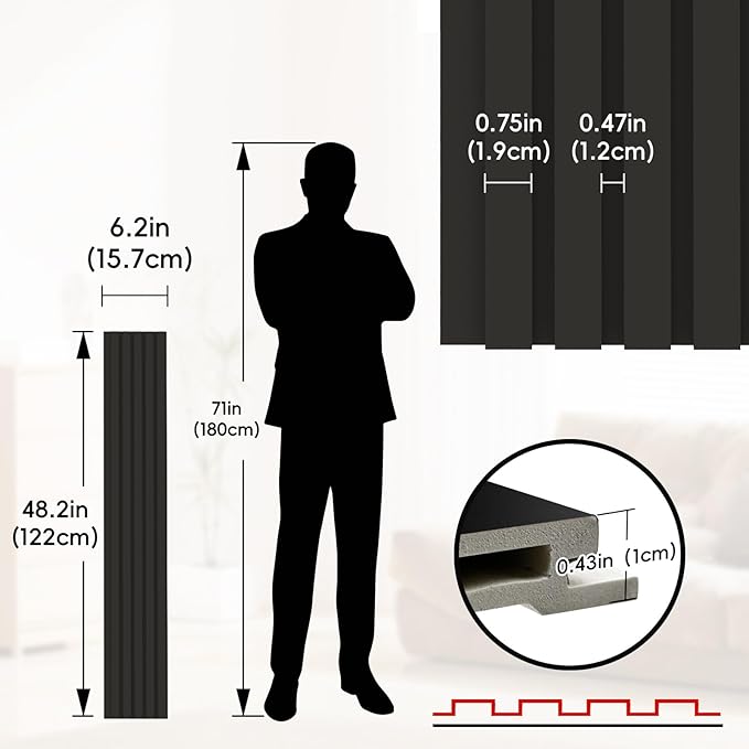 18Pack WPC Wainscoting Panels, 48.2 x 6.2 Inches 3D Accent Wall Panels for Interior Wall Decor, Fluted Wood Paneling for Living Room, TV Background, Office, Bedroom(Matte Black)