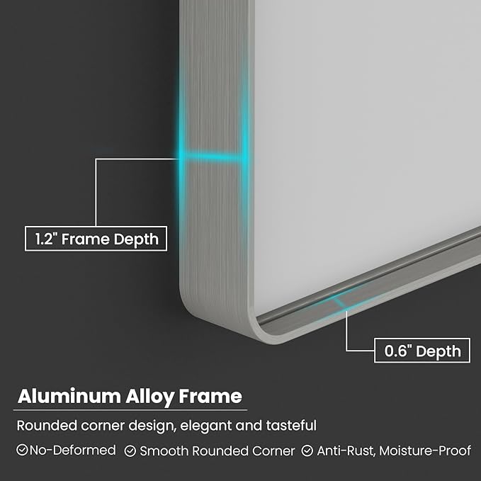 Brushed Nickel Bathroom Mirror 55x30 Inch, Brushed Silver Metal Frame Mirror Wall Mounted, Rounded Rectangle Bathroom Vanity Mirror, Tempered Glass, Anti-Rust, Horizontal/Vertical