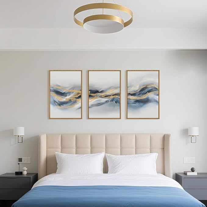 Large Abstract Navy Blue Gold Framed Canvas Wall Art,Watercolor Brush Stroke Wall Decor,Neutral Geometric Wave Artwork,Modern Minimalist Shape Art Print for Living Room,Bedroom,Office-24"x36"x3