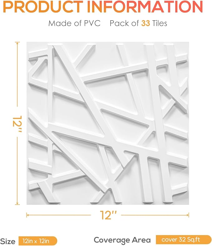 33 Pack 3D Wall Panels for Interior Wall Decor, 12''x12'' White Accent Textured Wall Panels, Wall Covering Panles for Living Room, Gaming Room, TV Background, Cover 32 Sq.Ft