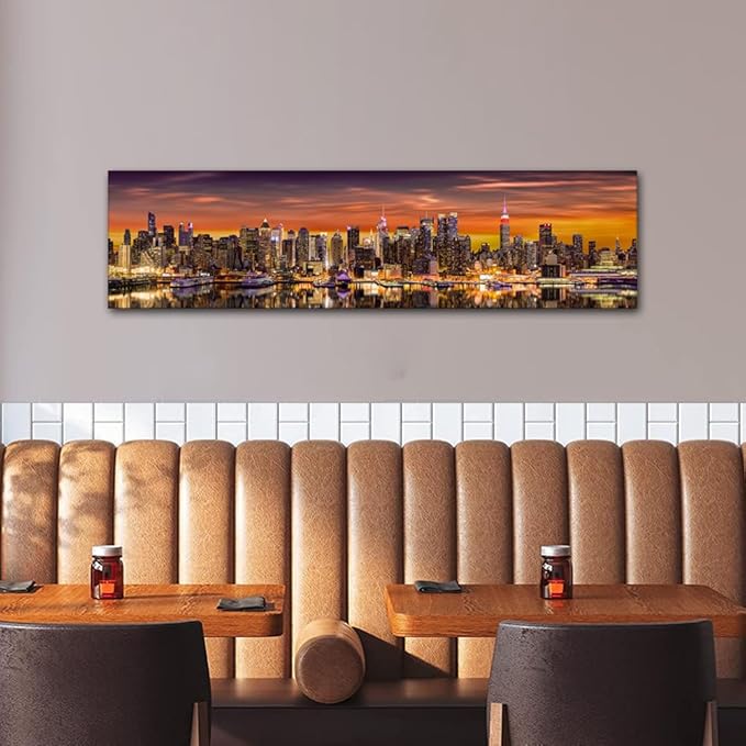Canvas Wall Art for Living Room New York City Panorama Modern Home Decor Cityscape Sunrise View HD Printed Posters for Bedroom Office Wall Art Painting Bathroom Pictures Ready to Hang 12x46 Inch