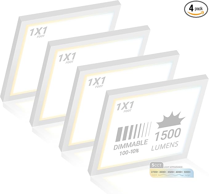 NUWATT 4 Pack, 1x1 Flat Panel LED Square Light, 5CCT 2700K/3000K/3500K/4000K/5000K Selectable, 1500LM 18W, Internal Driver, Dimmable, 120V, CRI90, 12" Inch Square Surface Mount Ceiling Light, 1" Thick