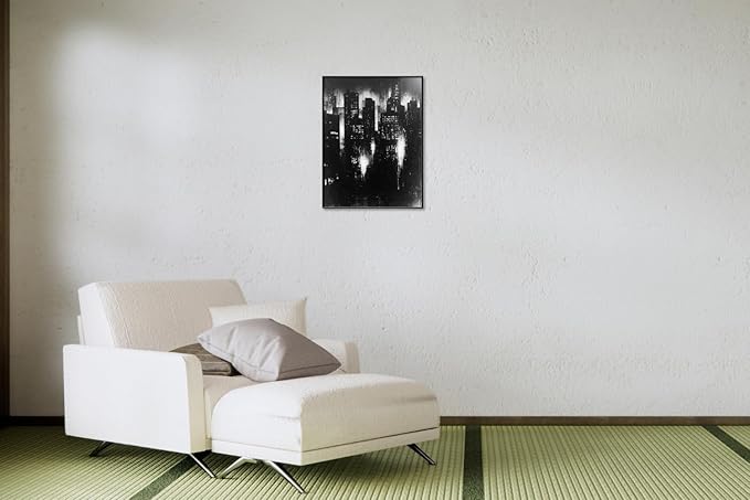 Abstract Cityscape Wall Art, Modern Urban Night Skyline Canvas Painting, Contemporary Expressionist City Decor (Black, 23" W x 31" L / 60x80cm, Framed)