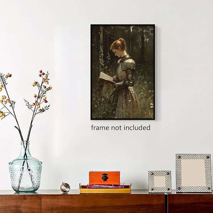 Lady Knight Reading In The Forest Wall Art, Vintage Woman Knight Oil Painting, Medieval Fantasy Poster Canvas, Dark Academia Wildflower Field Picture, Reading Wall Art for Bedroom 16x24in Unframed