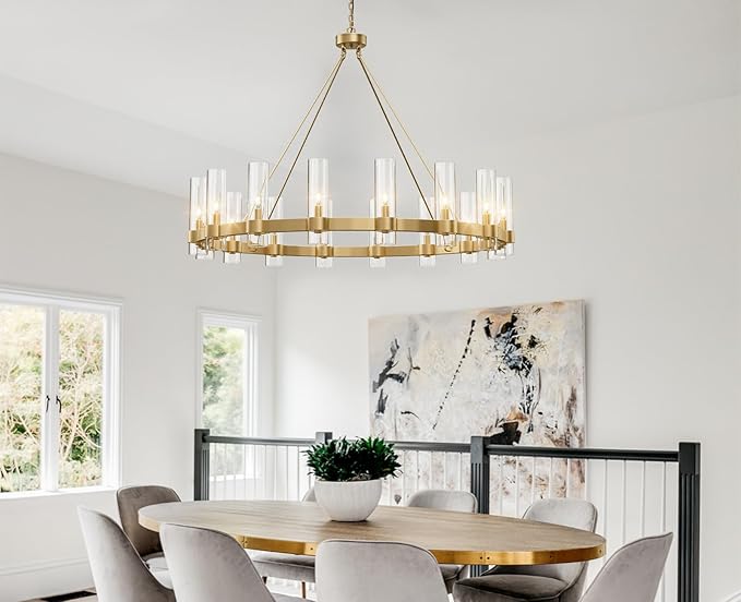 48 Inch Gold Chandelier, Wagon Wheel Chandelier with Glass Shade, 16-Lights Large Round Modern Farmhouse High Ceiling Pendant Lighting Fixture for Dining Room, Living Room, Kitchen, Foyer